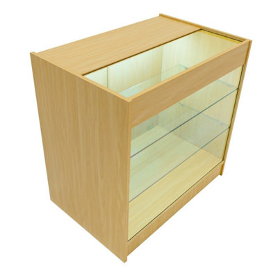 MonsterShop Maple Shop Counter Led Light K 900mm Lockable Sliding Doors 2 Keys Retail Storage Unit Glass Display Showcase Cabinet Reception from B&Q
