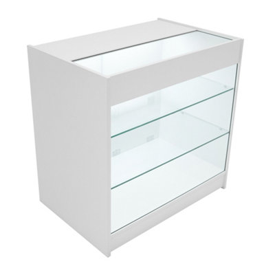 MonsterShop White Shop Counter Led Light K 900mm Lockable Sliding Doors 2 Keys Retail Storage Unit Glass Display Showcase Cabinet Reception from B&Q