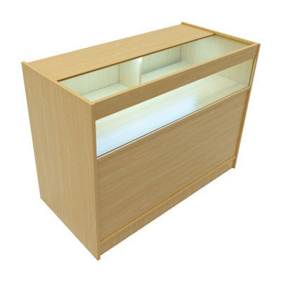 MonsterShop Maple Shop Counter Led Light B 1200mm Lockable Sliding Doors 2 Keys Retail Storage Unit Display Showcase Cabinet Reception Desk from B&Q