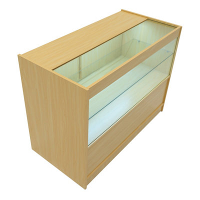 MonsterShop Maple Shop Counter Led Light C 1200mm Lockable Sliding Doors 2 Keys Retail Storage Unit Display Showcase Cabinet Reception Desk from B&Q