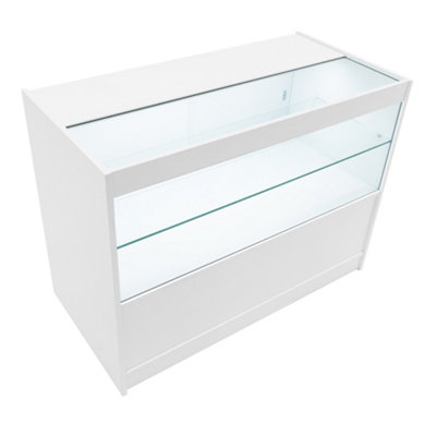 MonsterShop White Shop Counter Led Light C 1200mm Lockable Sliding Doors 2 Keys Retail Storage Unit Display Showcase Cabinet Reception Desk from B&Q