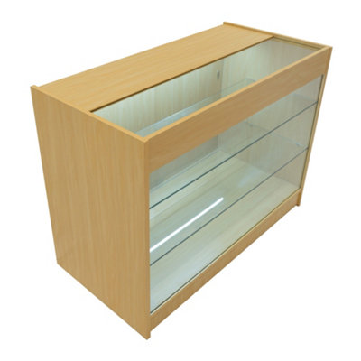 MonsterShop Maple Shop Counter Led Light K 1200mm Lockable Sliding Doors 2 Keys Retail Storage Unit Glass Display Showcase Cabinet Reception from B&Q