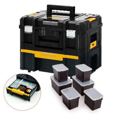 B&Q Dewalt Dwst1-70703 Tstak Ii + Iii Dwst1-70705 Stackable Tool Boxes +6 Organisers