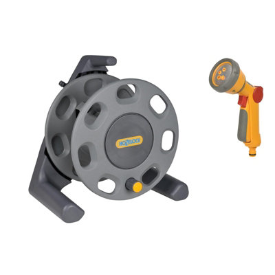 Hozelock 2410 Compact Floor Standing Hose Reel & 2679 Multi Spray Gun from B&Q