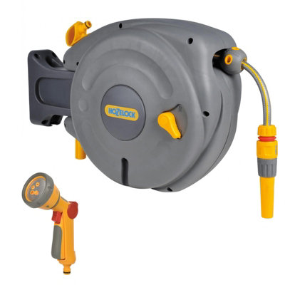 Hozelock 2485 10M Mini Hose Reel Automatic Retracting Auto Reel & 2679 Spray Gun from B&Q