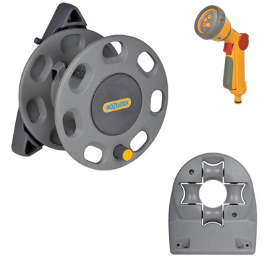 Hozelock 2420 30M Wall Compact Mounted Hose ReelHose Guide And 2679 Spray Gun from B&Q