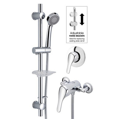 Buyaparcel Chrome Single Lever Shower Mixer Exposed / Concealed + Riser Rail 150mm Centres from B&Q