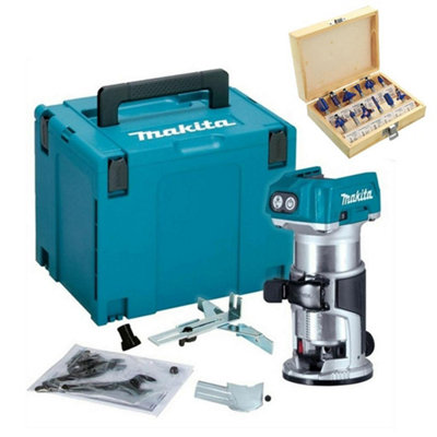 Makita Drt50Z 18V Lxt Cordless Brushless Laminate Router Trimmer Makpac +Bit Set from B&Q