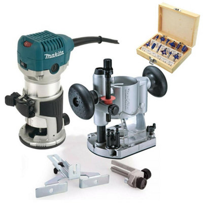 Makita Rt0700Cx4 240V 1/4" Router Laminate Trimmer +Guide + Plunge Base +Bit Set from B&Q