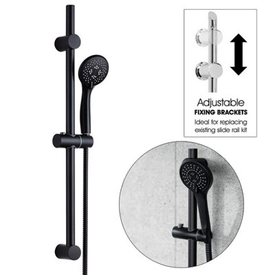 Buyaparcel Matt Black Shower Riser Rail Kit Round Adjustable + 3 Mode Shower Head + Hose