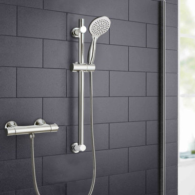 Buyaparcel Round Chrome Thermostatic Shower Mixer Bar Valve & Riser Rail + Hose + Head from B&Q