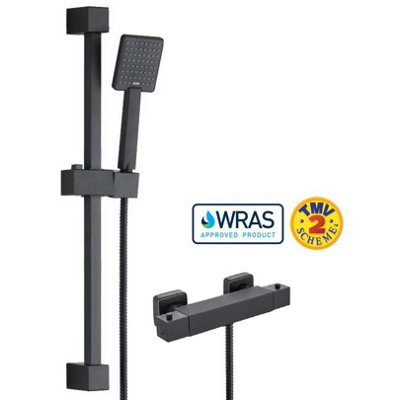 Buyaparcel Matt Black Thermostatic Square Bar Mixer Shower Valve + Riser Rail + Head + Hose from B&Q
