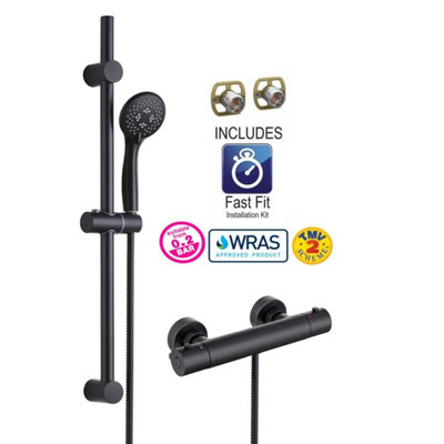 Buyaparcel Matt Black Thermostatic Round Bar Mixer Shower Valve + Riser Kit + Fast Fit Kit from B&Q