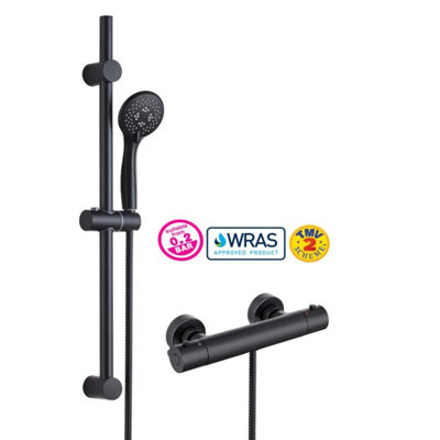 Buyaparcel Matt Black Thermostatic Round Bar Mixer Shower Valve + Riser Rail + Head + Hose from B&Q