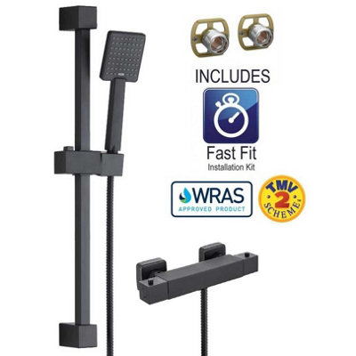 Buyaparcel Matt Black Thermostatic Square Bar Mixer Shower Valve + Riser Kit + Fast Fit Kit from B&Q