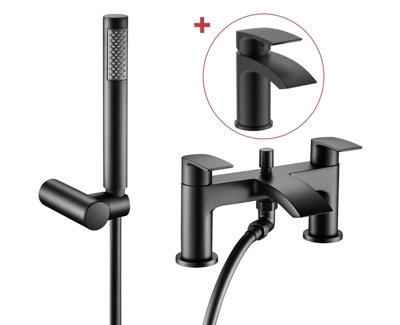 Buyaparcel Matt Black Waterfall Curve Deck Mounted Bath Shower Mixer + Shower Head + Tap from B&Q
