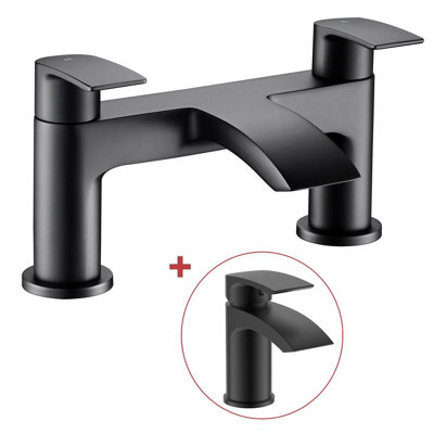 Matt Black Curve Waterfall Deck Mounted Bath Tap Dual Lever Bath Filler + Tap By Buyaparcel from B&Q