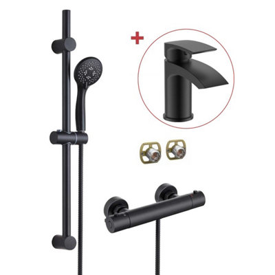 Buyaparcel Matt Black Thermostatic Round Bar Mixer Shower Valve + Riser + Fast Fit Kit +Tap from B&Q