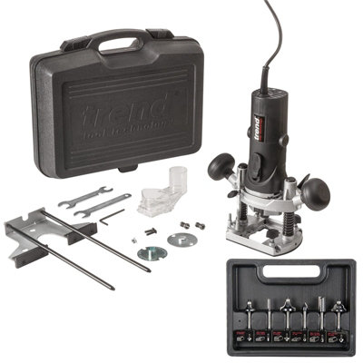 Trend T4Elk 110V 1/4In Compact Variable Speed Plunge Router 759W X6 1/4 Cutters from B&Q