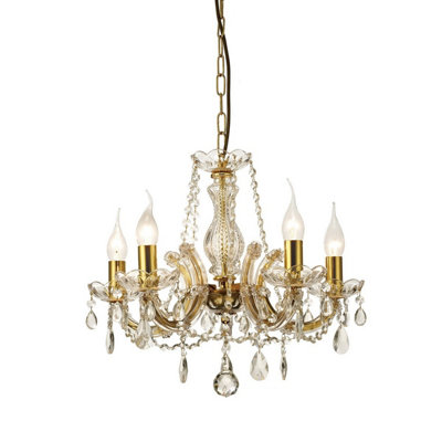 Luminosa Lighting Luminosa Gabrielle Chandelier Glass Sconce & Glass Crystal Droplets 5 Light E14 Polished Brass Finish from B&Q