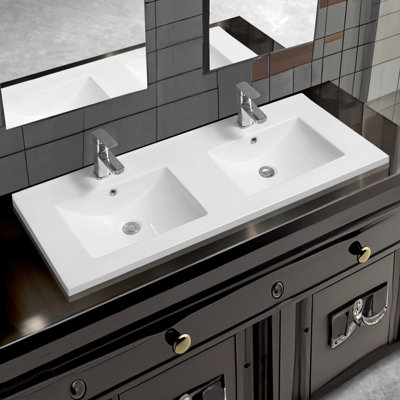 Limoge 5001 Ceramic 120Cm X 45Cm Mid-Edge Double Inset Basin With Scooped Bowl from B&Q