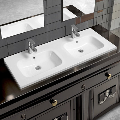 Limoge 5414 Ceramic 120Cm X 45Cm Mid-Edge Double Inset Basin With Oval Bowl from B&Q