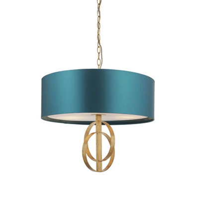 B&Q -  Luminosa Trento 3 Light Ceiling Pendant Antique Gold Leaf & Teal Satin Fabric