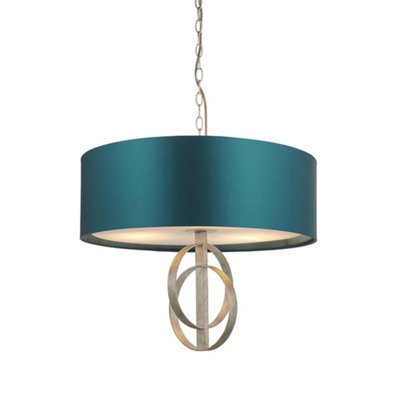 B&Q -  Luminosa Trento 3 Light Ceiling Pendant Antique Silver Leaf & Teal Satin Fabric