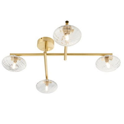 Luminosa Lighting Luminosa Oristano Bathroom 4 Light Ceiling Semi Flush Satin Brass Plate & Clear Ribbed Glass Ip44 from B&Q