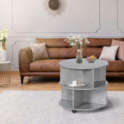 B&Q -  3 Tier Coffee Table Round Rolling Centre Table W/ Wheels Cement