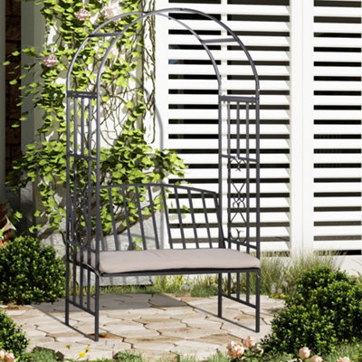 Outsunny Garden Arbor Arch Metal Bench Padded Seat Outdoor Decoration Patio