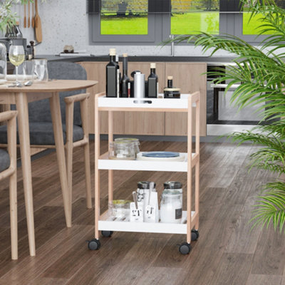 Homcom Mobile Serving Trolley Kitchen Cart Pine Wood Rolling Wheels White from B&Q