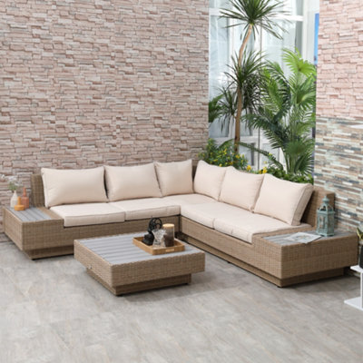 Outsunny 4Pcs Rattan Sofa Set Garden Furniture Set With Armrest Cushions Beige from B&Q
