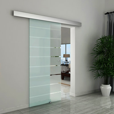 Homcom 90Cm Sliding Glass Door Set Frosted Stripe W/ Handle - Image 9