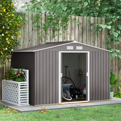 Outsunny 9 X 6Ft Galvanised Garden Storage Shed With Sliding Door, Grey