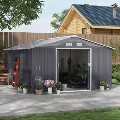 Outsunny 13 X 11Ft Outdoor Garden Storage Shed 2 Doors Galvanised Metal Grey-35577 