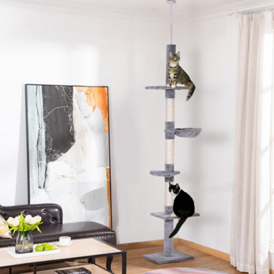 Pawhut Floor To Ceiling Cat Tree 5-Tier Climbing Tower Scratching Post Grey from B&Q