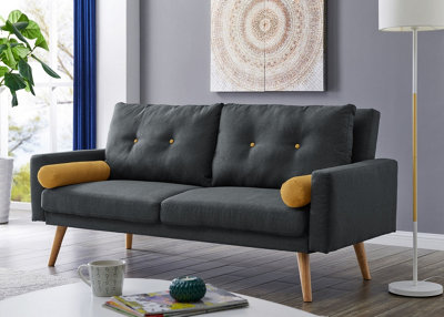 Home Detail Langley Fabric Sofa Bed With Natural Wooden Legs Tufted Backrest Charcoal With Matching Bolster Cushions from B&Q