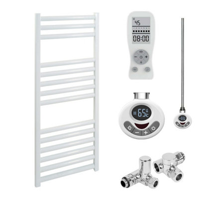 SolAire Heating Products Bray Dual Fuel Thermostatic Electric Heated Towel Rail With TimerStraightWhiteW300 X H800 mm from B&Q