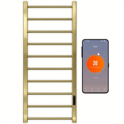 SolAire Heating Products Alpine Stainless Steel Wifi Dry Electric Towel Rail With ThermostatTimerBrushed BrassW500 X H1200 mm from B&Q