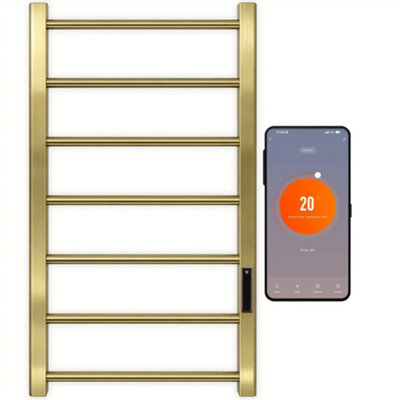 SolAire Heating Products Alpine Stainless Steel Wifi Dry Electric Towel Rail With ThermostatTimerBrushed BrassW500 X H800 mm from B&Q