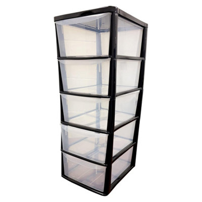 B&Q -  Black 5 Drawer Storage Tower Unit With Clear Spacious Drawers For Home & Office Organisation