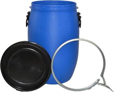 Storm Trading Group Extra Large 220 Litre Plastic Blue Open Top Storage Barrel Drum Keg With Lid & Latch Ring