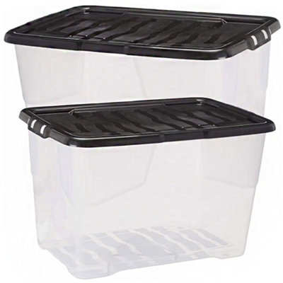 B&Q -  2 X Stackable & Strong Durable 65 Litre Curve Plastic Storage Boxes With Black Lids For Home & Office