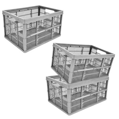 Storm Trading Group 3 X Grey 32L Plastic Folding Crate Boxes With Handles CollapsibleFoldable & Stackable from B&Q
