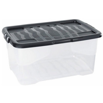 Pluto Packaging 1 X 30 Litre Clear Transparent Base Stackable Curve Underbed Plastic Storage Box With Black Lid from B&Q