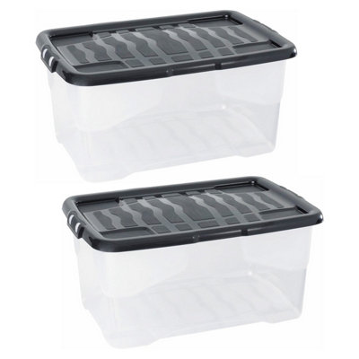 Pluto Packaging 2 X 30 Litre Clear Transparent Base Stackable Curve Underbed Plastic Storage Boxes With Black Lids from B&Q