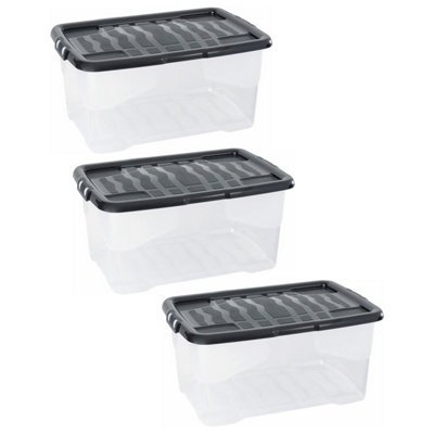 Pluto Packaging 3 X 30 Litre Clear Transparent Base Stackable Curve Underbed Plastic Storage Boxes With Black Lids from B&Q