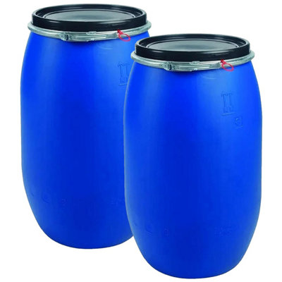 Pluto Packaging 2 X 150L Blue Open Top Un Approved Blue Plastic Keg Barrel Drums With Lids & Latch Ring