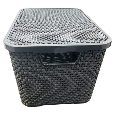Pluto Packaging 1 X Grey Rattan Wicker Effect Home Office Storage Basket With Lid Ideal For Living Rooms from B&Q